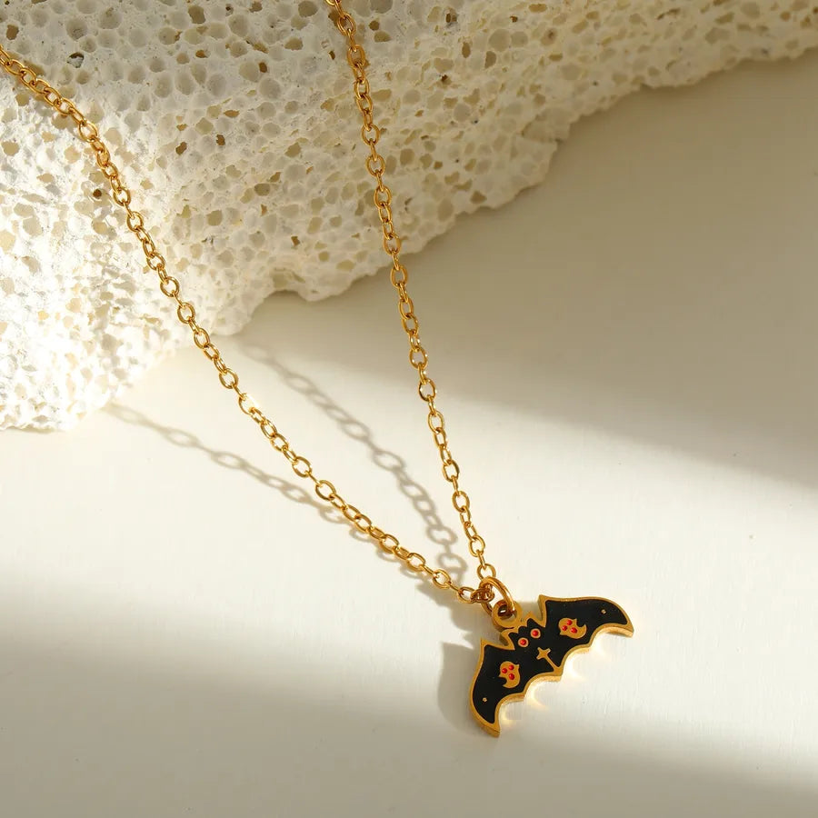 Halloween Series Stainless Steel 18K Gold Plated Drip Oil Hat Bat Pendant Necklace Funny Design Festival Jewelry Accessory