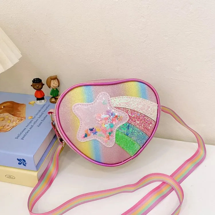 Girl'S Pu Leather Gretley Material Rainbow Star Cute Heart-shaped Zipper Shoulder Bag