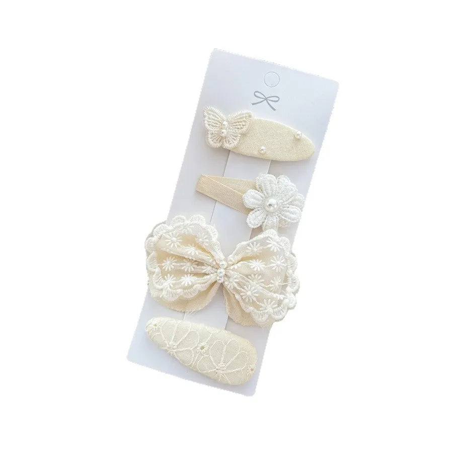 New Arrival French Lace Butterfly Knot Hair Clip Set Cute Flower Design 4 Pack Baby Headwear Princess Style Girls Hair Accessories