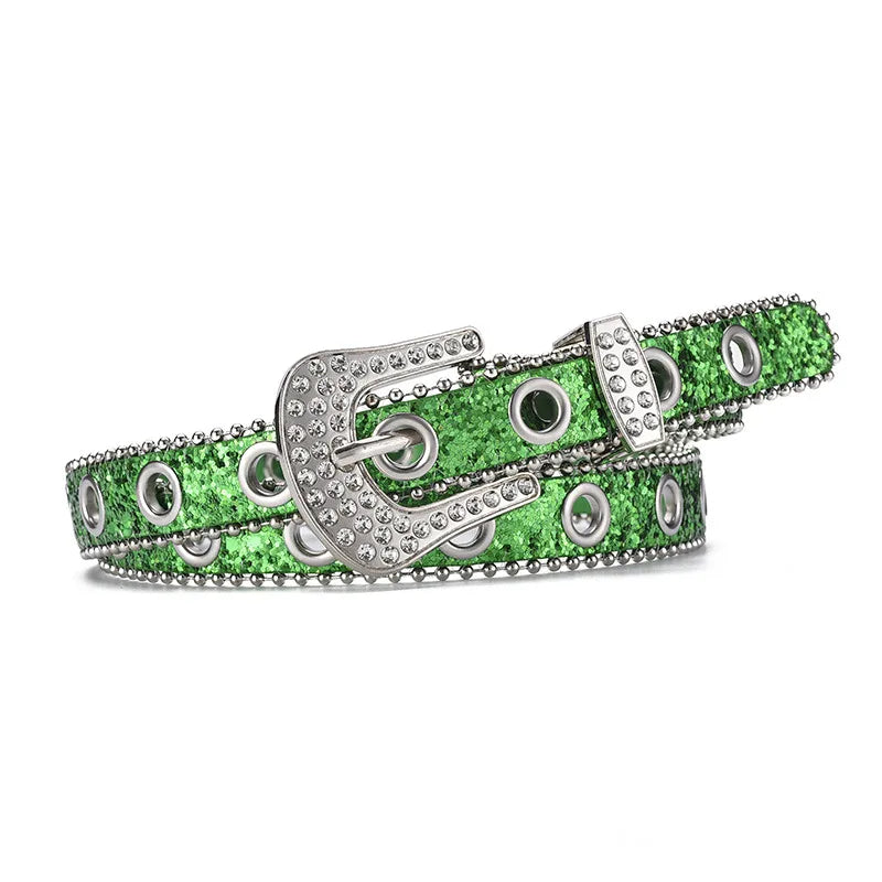 IG Style Shiny Solid Color Pu Leather Alloy Sequins Inlay Rhinestones Women's Leather Belts