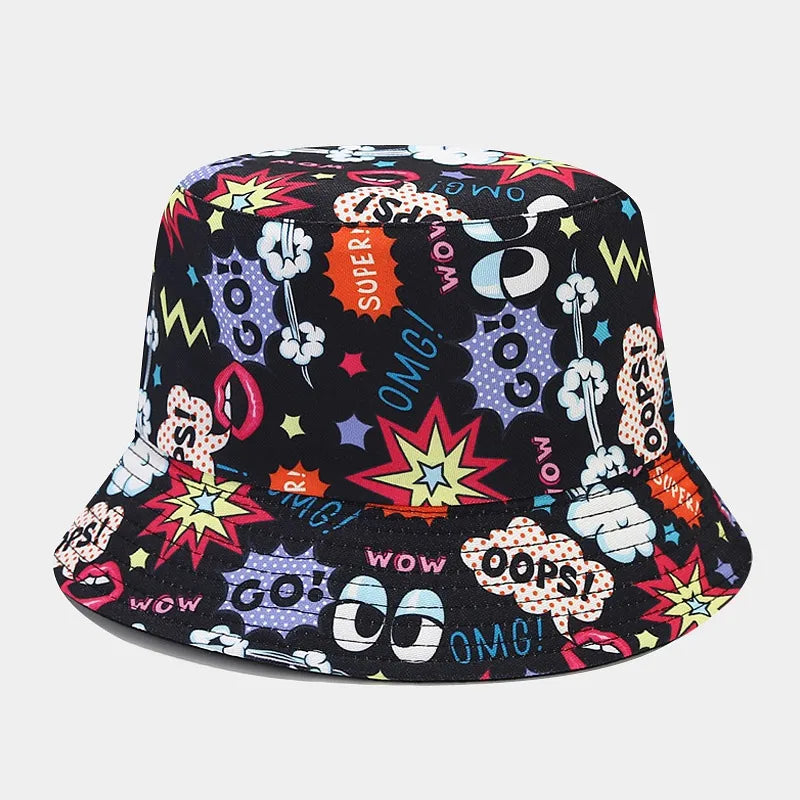 women's elegant basic graffiti printing flat eaves bucket hat