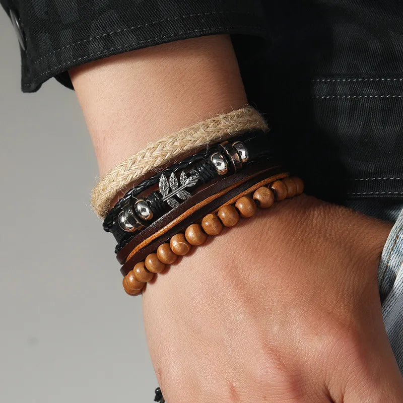 Retro Geometric Pu Leather rope Knitting Men's Bracelets Men Cord & Leather Bracelets