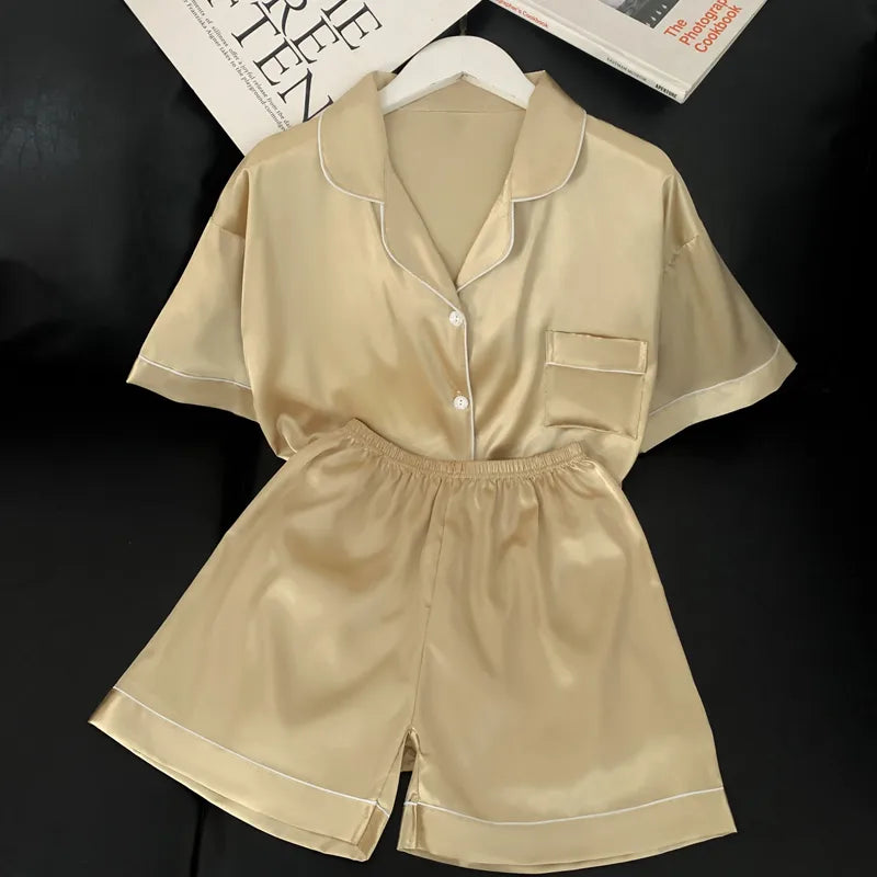 Home Women's Casual Solid Color Satin Shorts Sets Pajama Sets