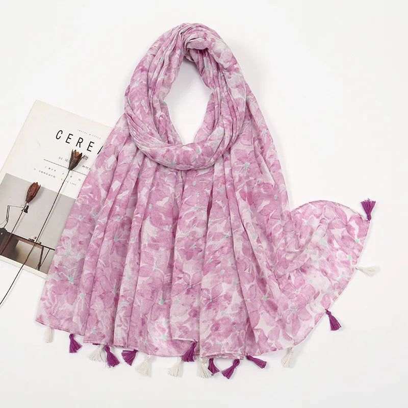 women's sweet flower cotton and linen tassel silk scarves