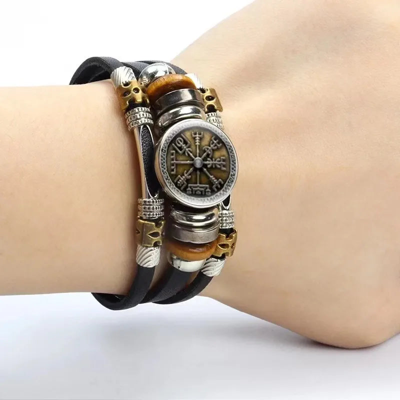 New Alloy Beads Woven Bracelet Nordic Viking Pirate Aoding Logo Compass Leather Bracelet for Men and Women