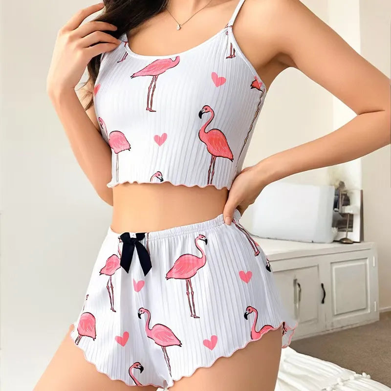 New  Butterfly Print Halter Sleepwear For Women Cute Home Clothes Outdoor Wearable Summer Autumn Spring Ultra-Thin Polyester Milk Silk