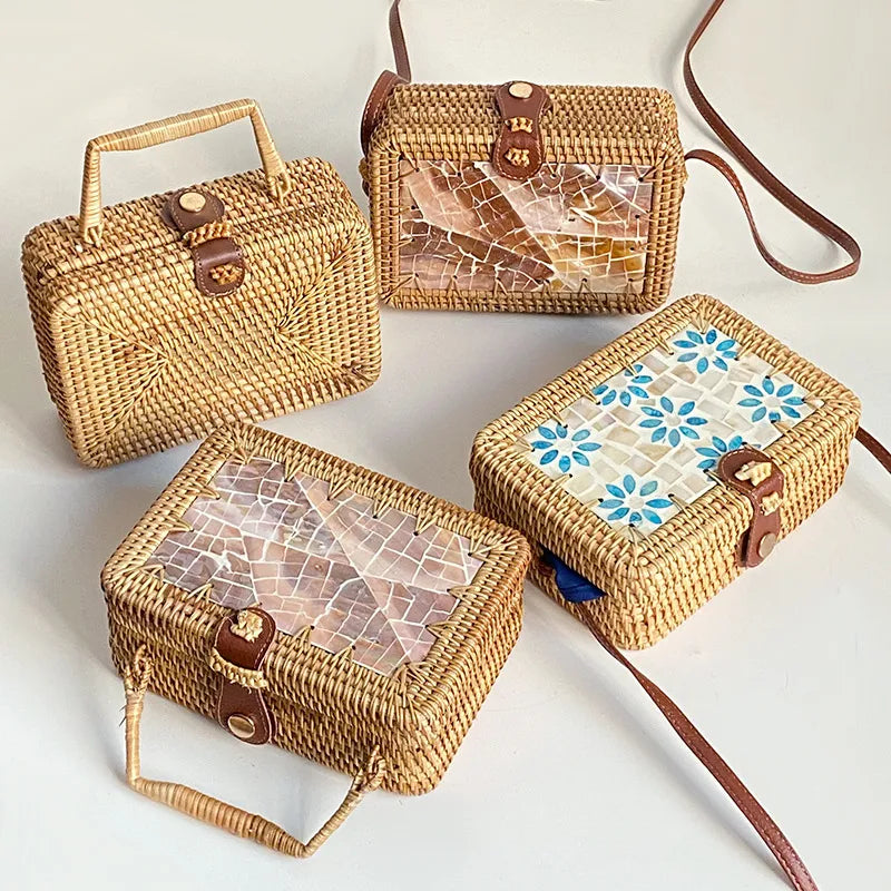 Nordic Rattan Bag ins Crossbody Mini Bag Retro Light Luxury Artistic Handmade Woven Single Shoulder Leather Buckle Bag