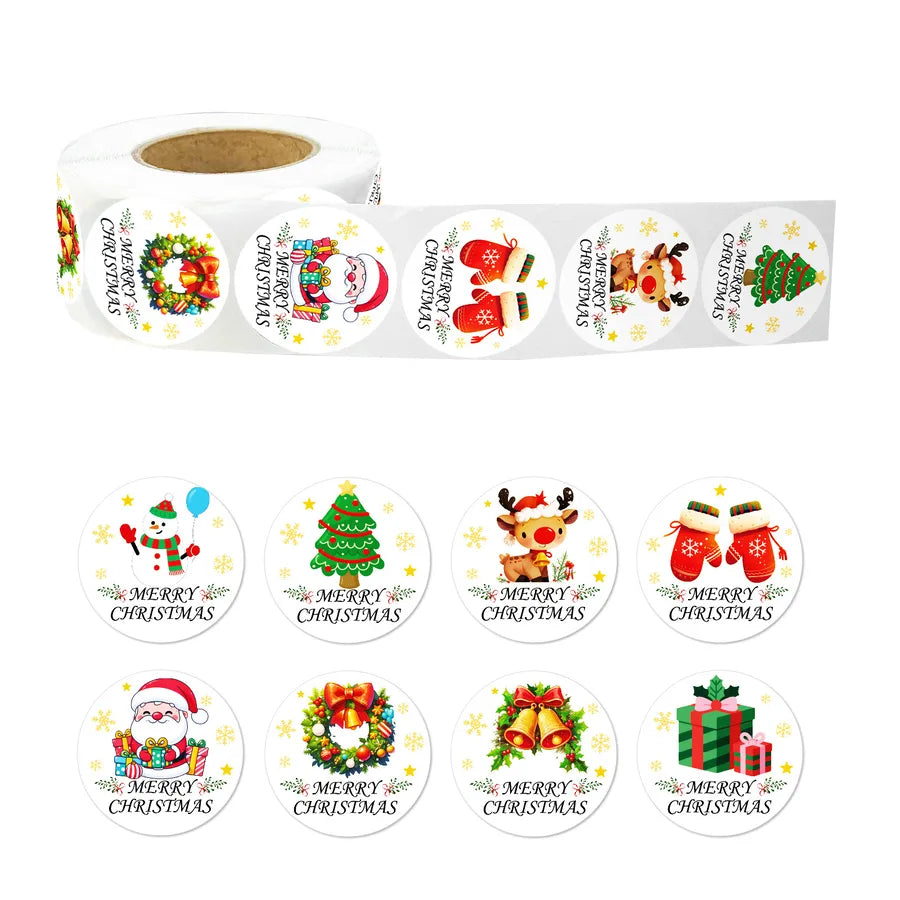 Christmas Tree Deer Cartoon Round Dot Stickers 500 Pieces Per Roll Festive Journaling Supplies Adorable Stationery Decals