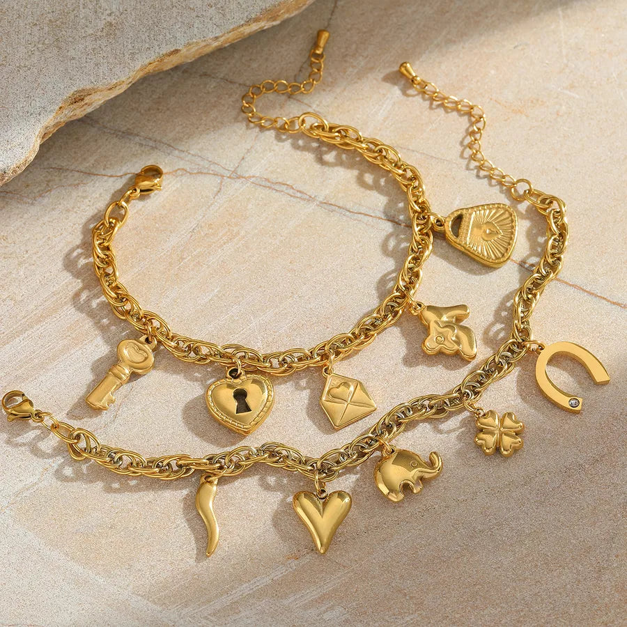 Casual Elegant Cute Geometric Heart Shape 304 Stainless Steel 18K Gold Plated Zircon cable chain Multi Charms Bracelet In Bulk