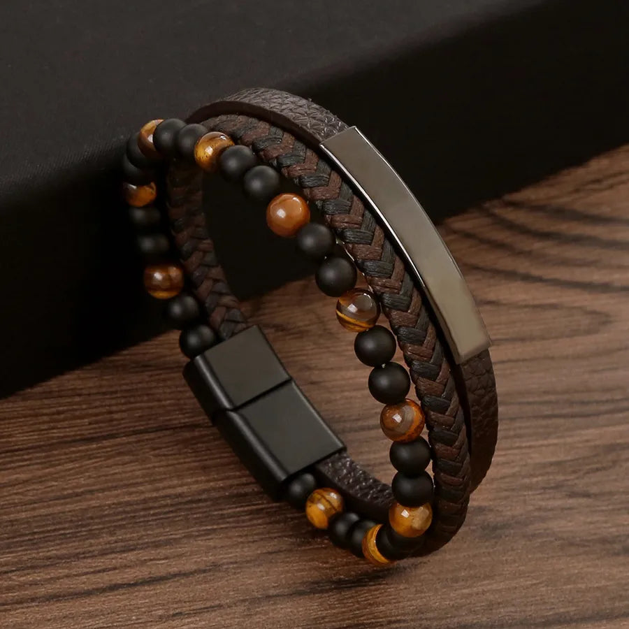 Casual Simple Style Geometric Stainless Steel Pu Leather natural stone Beaded Men's wristband