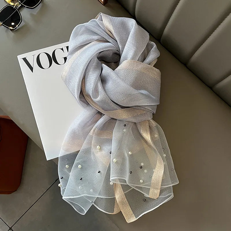 women's simple style color block satin pearl silk scarf