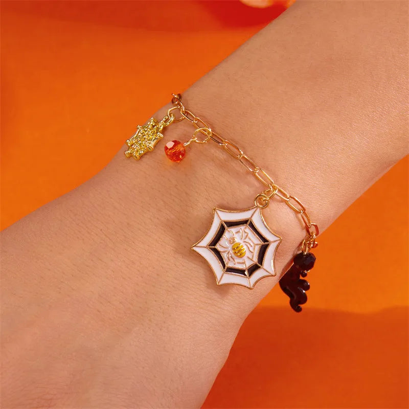 Halloween Elements Pumpkin Devil Paper Card Metal Bracelet Dark Style Cartoon Design Alloy Material Women's Fashion Jewelry