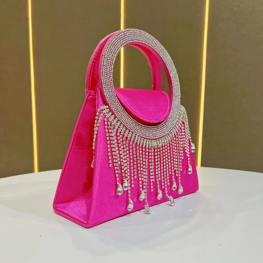 Elegant Diamond Embedded Women's Evening Bag Fashionable Crossbody Handbag High-End Sensation Bride Handbag Square Shape Polyester Material