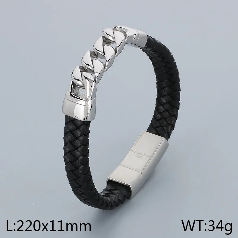 Business Color Block 304 Stainless Steel Leather Plating 18K Gold Plated Men's Bangle