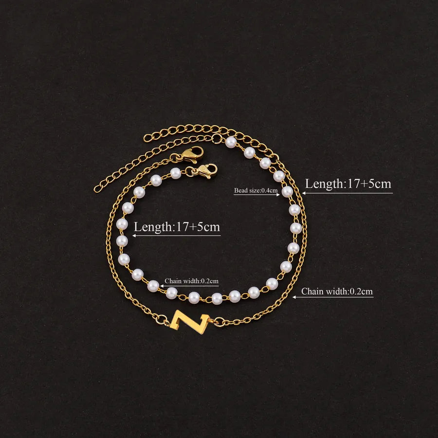 Elegant Simple Style Classic Style Letter 201 Stainless Steel 304 Stainless Steel Imitation Pearl Beaded Chain cable chain Beaded Bracelets Wholesale