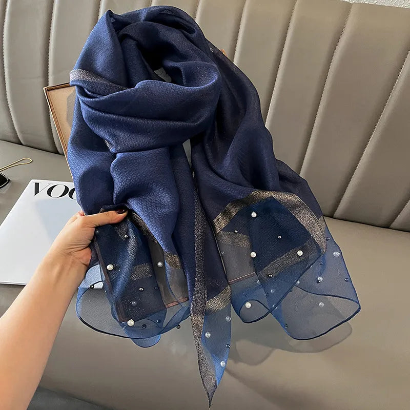 women's simple style color block satin pearl silk scarf