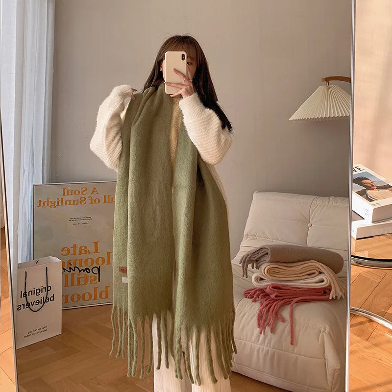 women's sweet color block polyester tassel scarf