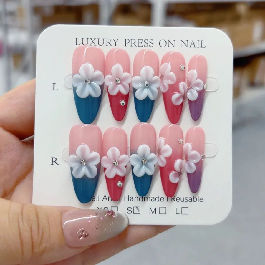Long Almond Shaped Nail Tips With 3D Floral Carving And Gradient Painting  Style Press On Nails Luxury Trend