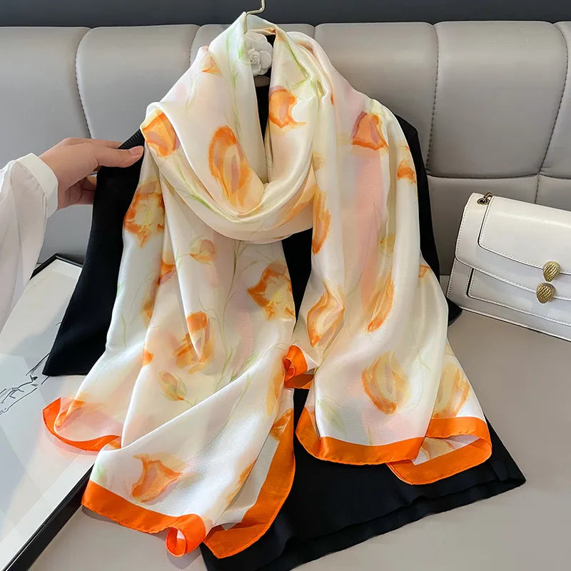 New Tulip Flower Silk Beach Towel Women's High-end Gift  Summer Sun Protection Neck Protection