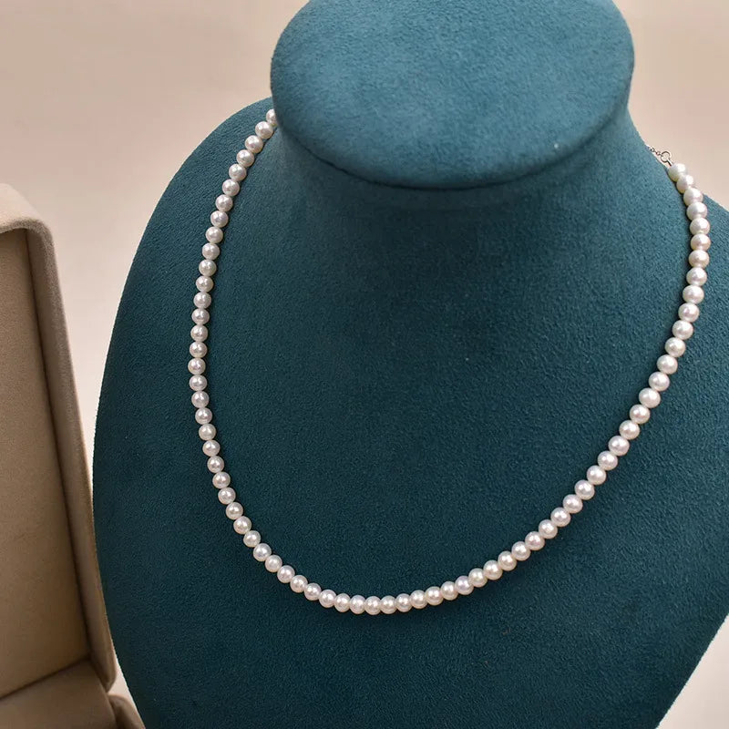 Natural Freshwater Pearl Necklace 925 Silver Near Round Small Pearls Fashion Simple Chain Jewelry Accessory