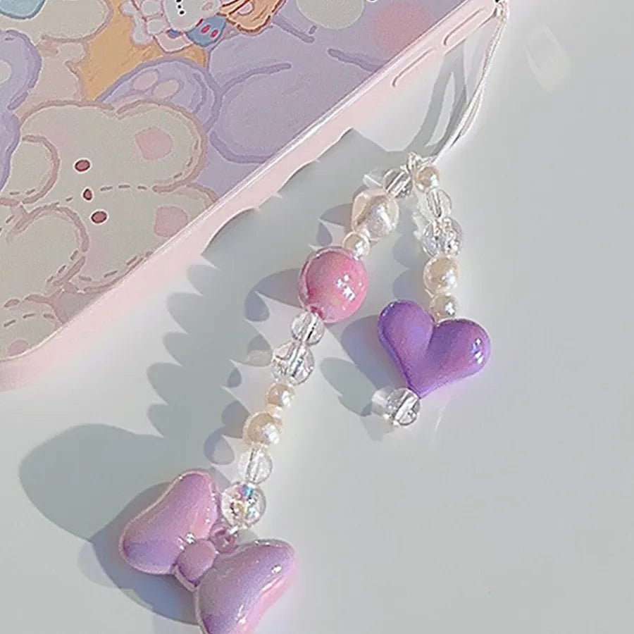 cute heart shape flower pc silica gel soft clay inlay artificial pearls women's mobile phone chain 1 piece
