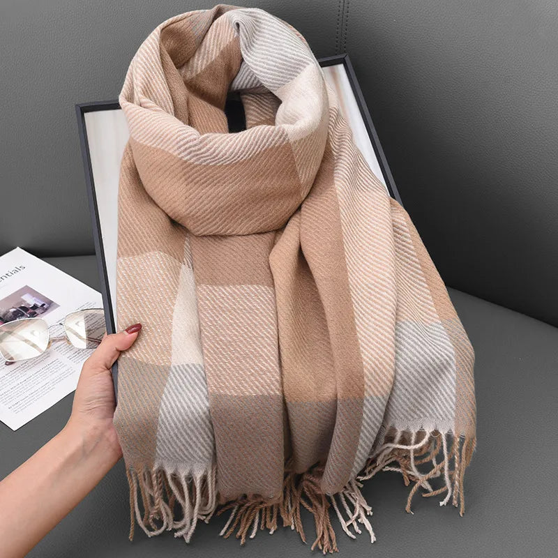 Women's Classic Style Plaid Imitation cashmere Tassel Scarf