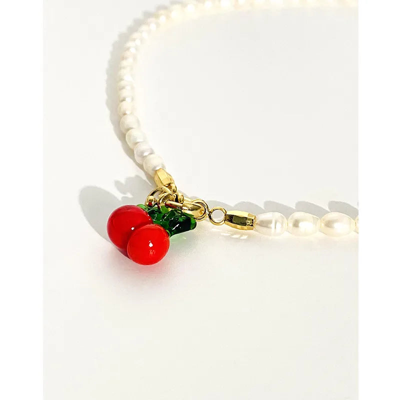 Freshwater Pearl Copper Beaded Chain Plating Cherry Pendant Necklace
