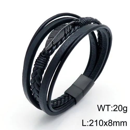 Fashion Feather Stainless Steel Leather Patchwork 18K Gold Plated Men'S Bangle