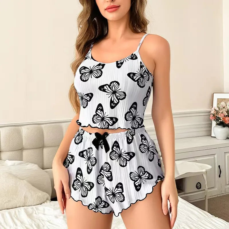 New  Butterfly Print Halter Sleepwear For Women Cute Home Clothes Outdoor Wearable Summer Autumn Spring Ultra-Thin Polyester Milk Silk
