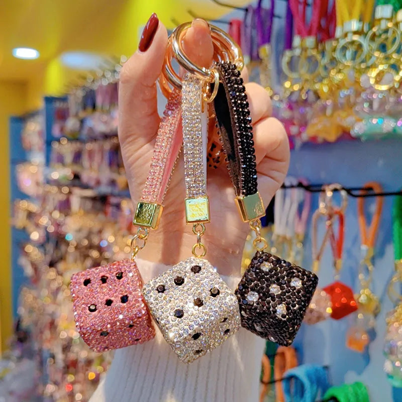 Fashionable Cute New Style Dice Shaped Car Keys And Handbag Keychains Circle Pendant Czech Crystal Star Pattern Accessory