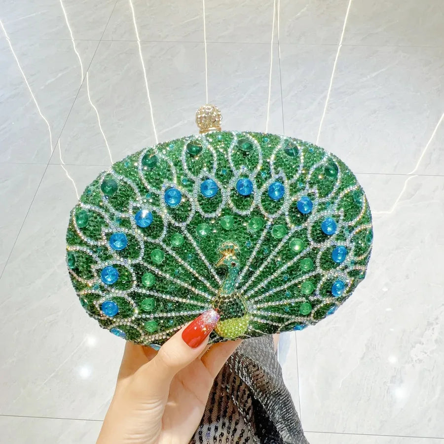 Green Silver Black Polyester Peacock Oval Evening Bags