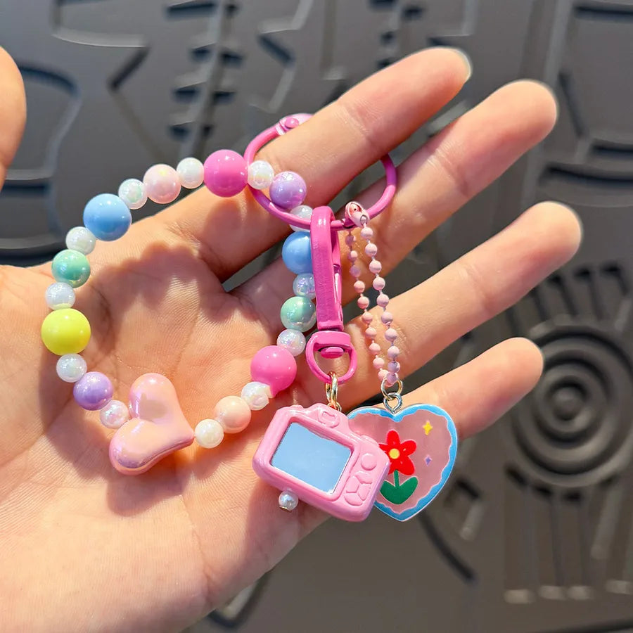 Cute Metal Keychain Pendant Beaded Bookbag Girl's Bag Charm  Style Cartoon Design Half Handmade Flower