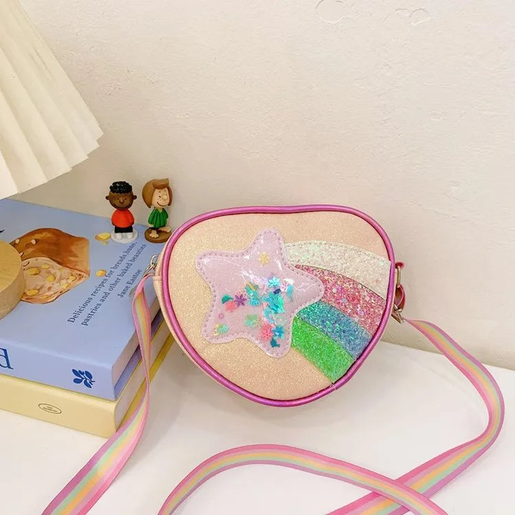 Girl'S Pu Leather Gretley Material Rainbow Star Cute Heart-shaped Zipper Shoulder Bag
