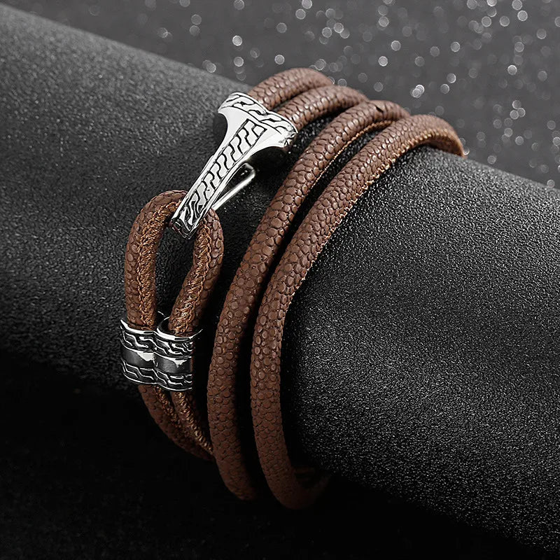 hip-hop retro solid color stainless steel pu leather patchwork men's bracelets