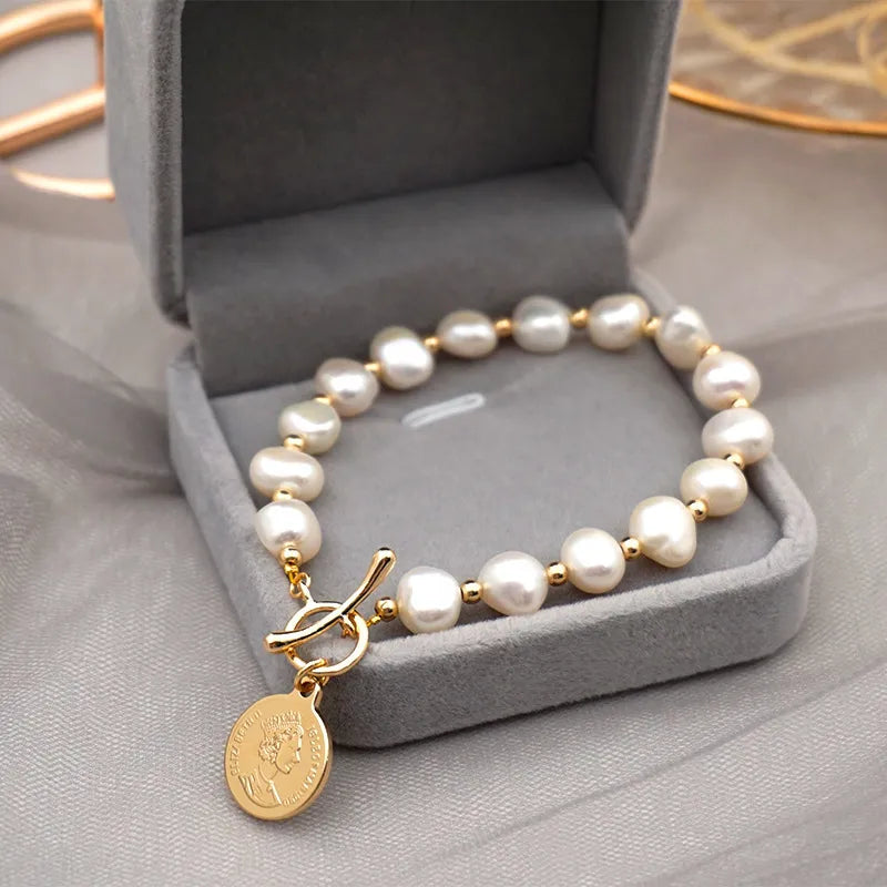 simple style portrait round freshwater pearl toggle plating 18k gold plated bracelets