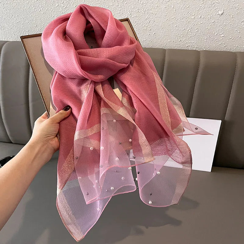women's simple style color block satin pearl silk scarf