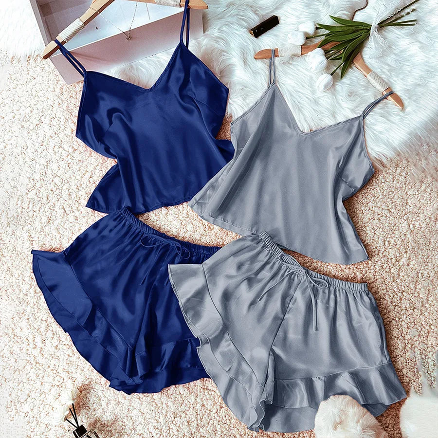 Home Women's Casual Sexy Solid Color Imitated Silk Polyester Shorts Sets Pajama Sets