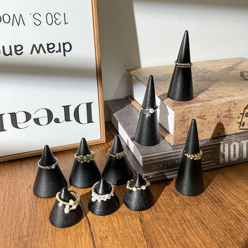 Black Solid Wood Ring Display Stand Cone Base Ring Holder Jewelry Storage Photography Props Geometric Pattern Premium Feeling Spray Paint