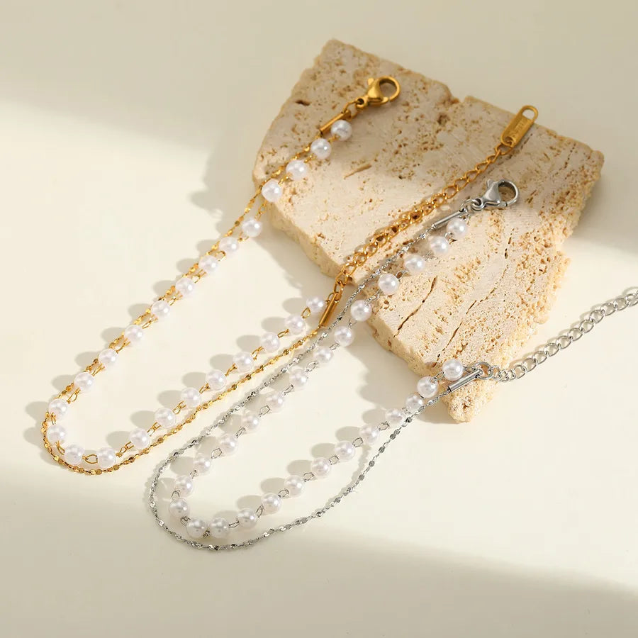 Cute Lady Romantic Geometric Solid Color 304 Stainless Steel 18K Gold Plated Imitation Pearl cable chain Double-Layer Bracelet Multi Charms Bracelet In Bulk