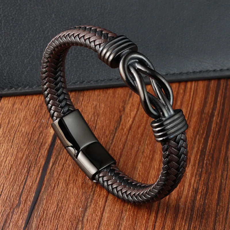 Infinite 8-Word Leather Bracelet Handmade Bracelet Authentic Leather Weave Men's Leather Bracelet Stainless Steel L22356
