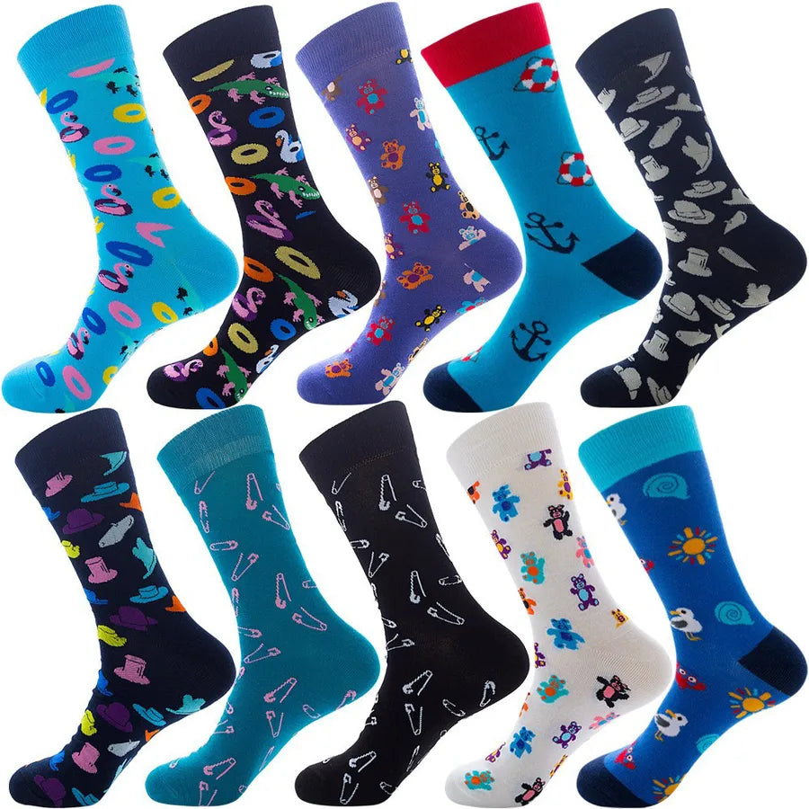 Men's Modern Style Classic Style Color Block Stripe Fruit Cotton Crew Socks A Set of 10 Pairs