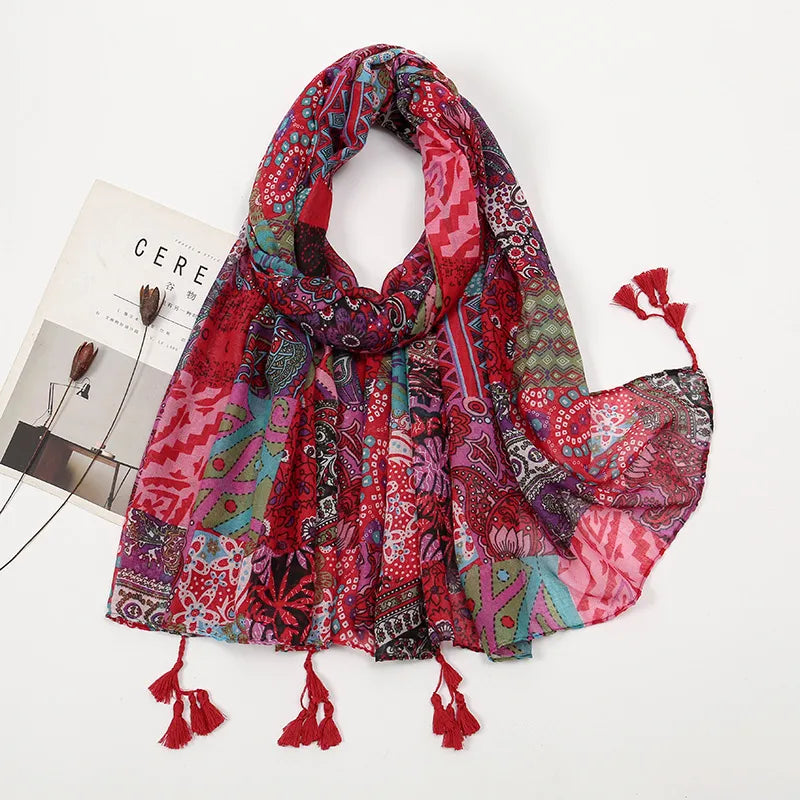 women's sweet flower cotton and linen tassel silk scarves