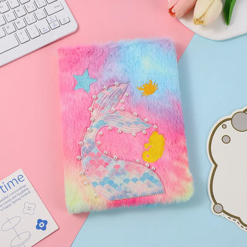 Cute Mermaid Tail Plush Notebook Student Study Diary Book Cartoon Learning Record Book Lovely Girl Handmade Bullet Journal