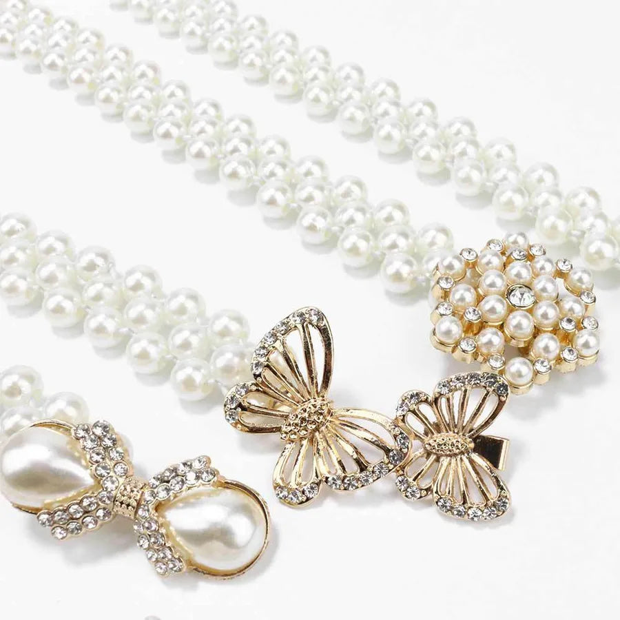 sweet oval flower bow knot imitation pearl metal inlay rhinestones women's chain belts