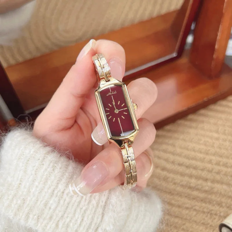 Fashionable Minimalist Retro Rectangle Stainless Steel Band Women's Watch Small Size Alloy Dial Butterfly Double Buckle Clasp
