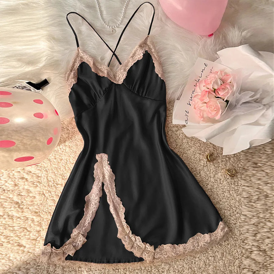 Home Women's Elegant Sexy Color Block Lace Imitated Silk Polyester Pajama Sets