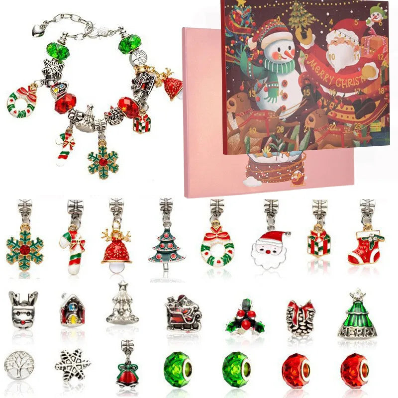 Christmas Countdown 24 Days Blind Box DIY Children's Bracelet Necklace Set Gift Alloy Material Cartoon Style Christmas Socks Bell Pattern