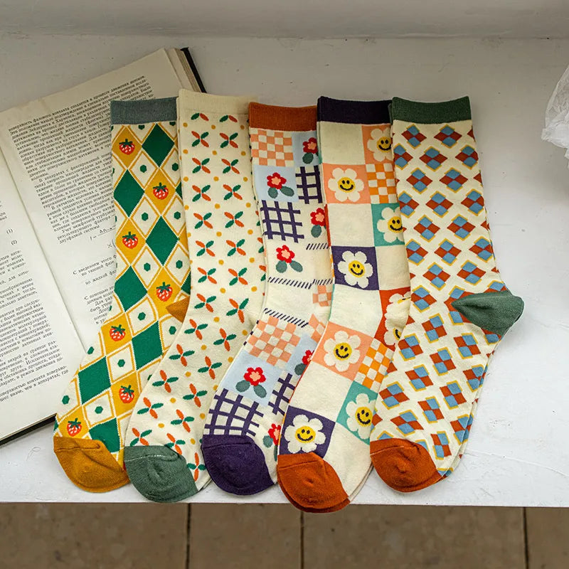 women's preppy style plaid cotton crew socks a pair 1 set