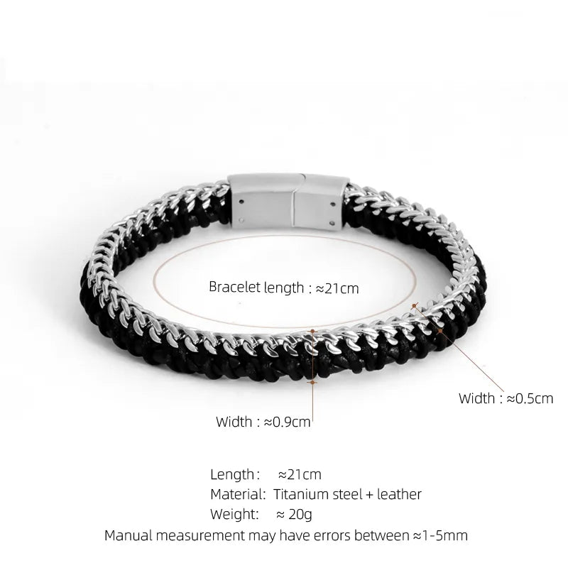 Simple Style Solid Color Stainless Steel Pu Leather Silver Plated Men's Bracelets