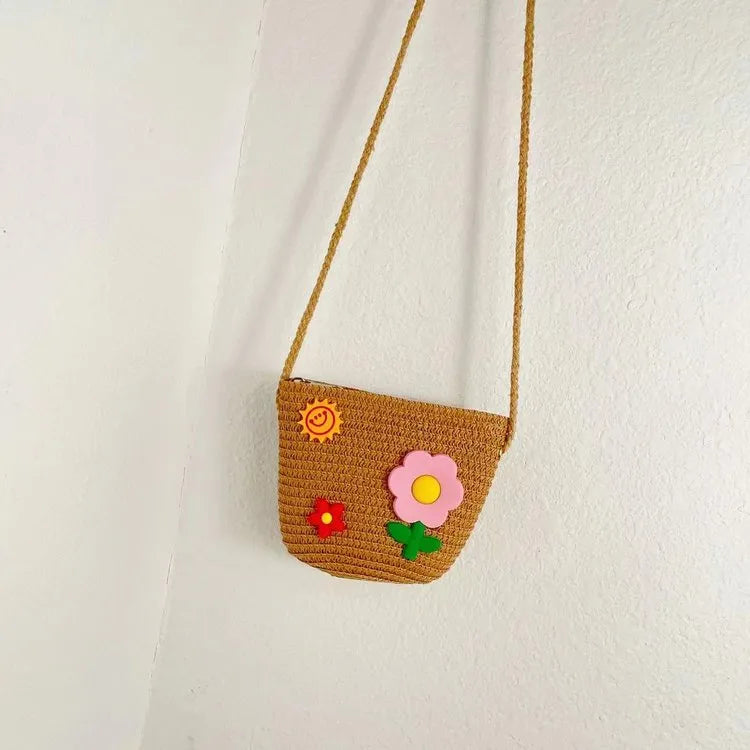 Kid'S Straw Flower Cute Square Zipper Shoulder Bag